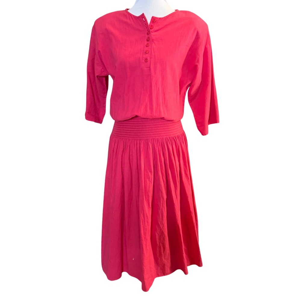 Walden Classics Dress Women 8 Pink Vintage Smocked Waist Henley Cotton Midi
